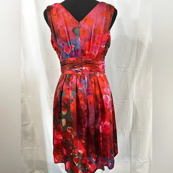 Banana Republic Sleeveless‎ Silk Blend, Double V Neck Midi Dress Red & Purple 6P - Picture 4 of 12